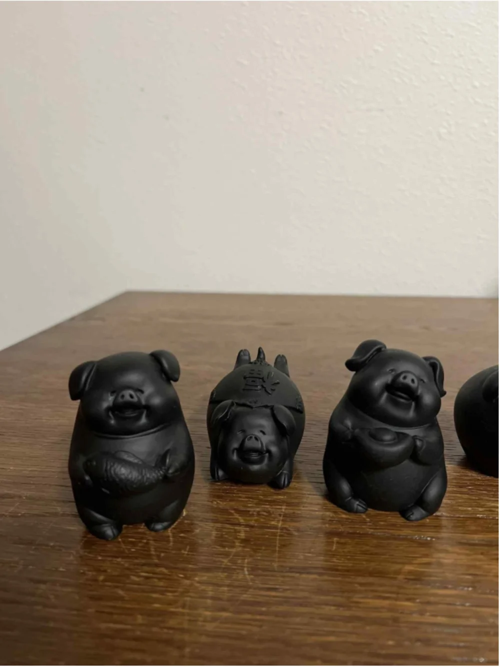 Set of 5 Black Pig Figurines Feng Shui Good Luck Tea Pets Prosperity Décor